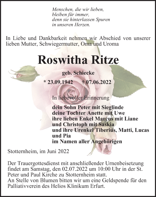 Traueranzeige von Roswitha Ritze von Thüringer Allgemeine, Thüringische Landeszeitung
