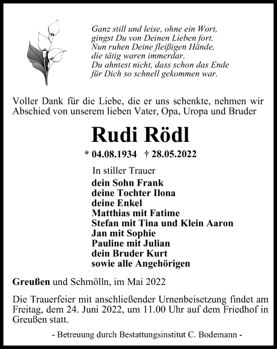 Traueranzeige von Rudi Rödl