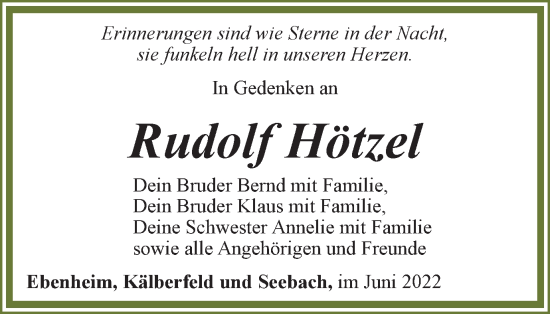 Traueranzeige von Rudolf Hötzel von Thüringer Allgemeine, Thüringische Landeszeitung