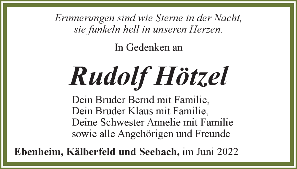  Traueranzeige für Rudolf Hötzel vom 21.06.2022 aus Thüringer Allgemeine, Thüringische Landeszeitung