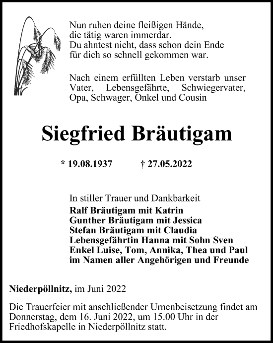 Traueranzeige von Siegfried Bräutigam von Ostthüringer Zeitung