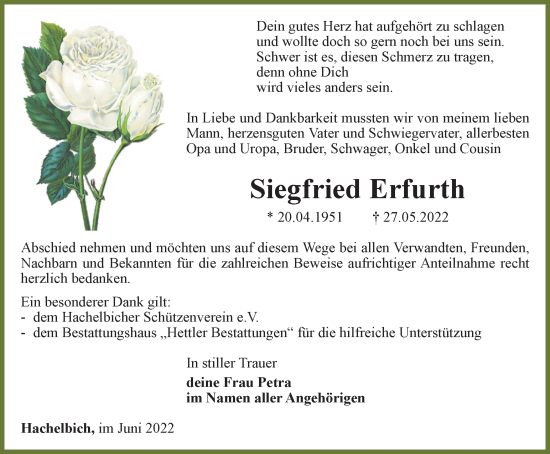 Traueranzeige von Siegfried Erfurth von Thüringer Allgemeine