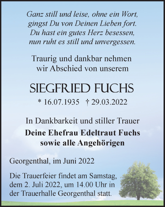 Traueranzeige von Siegfried Fuchs von Thüringer Allgemeine, Thüringische Landeszeitung