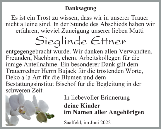 Traueranzeige von Sieglinde Ettner von Ostthüringer Zeitung