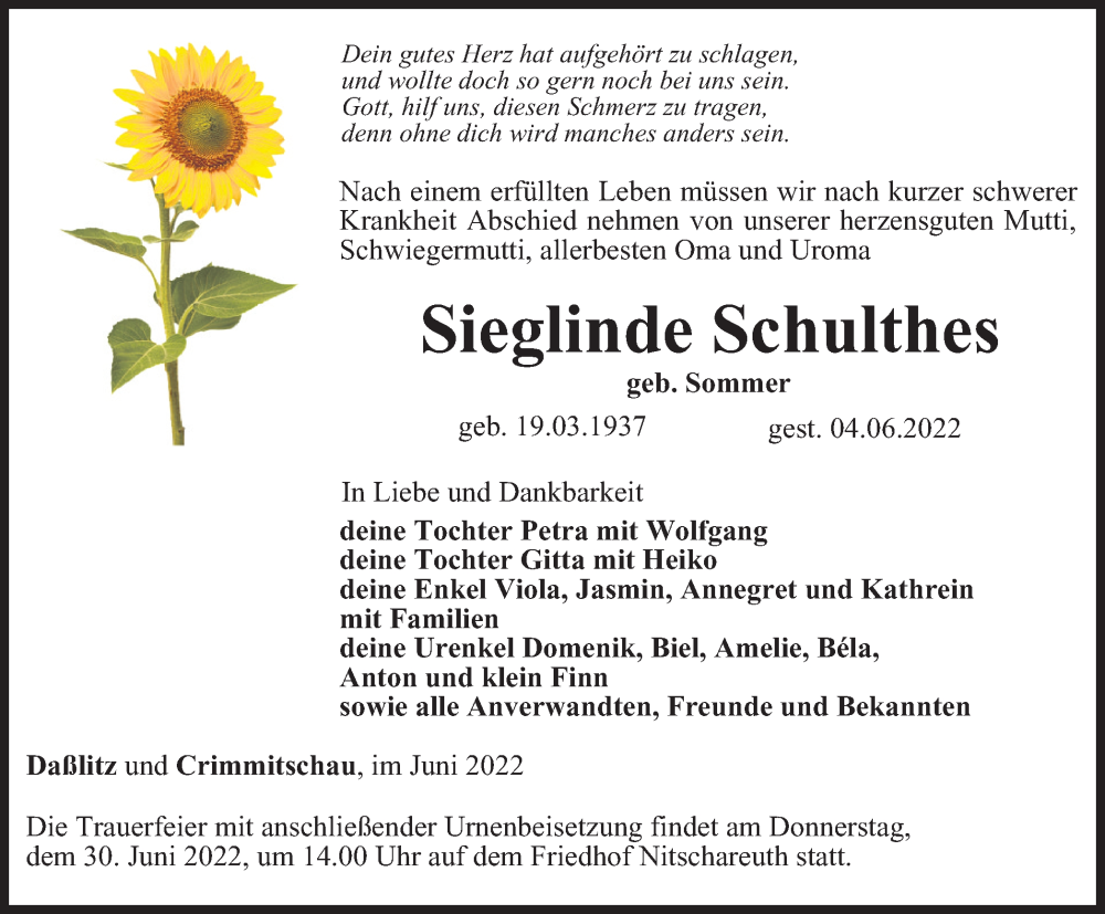  Traueranzeige für Sieglinde Schulthes vom 17.06.2022 aus Ostthüringer Zeitung