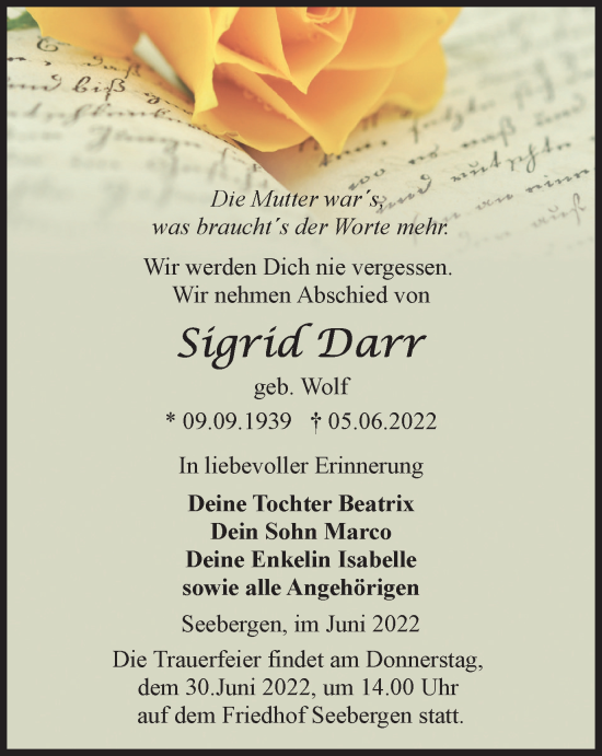 Traueranzeige von Sigrid Darr von Thüringer Allgemeine, Thüringische Landeszeitung