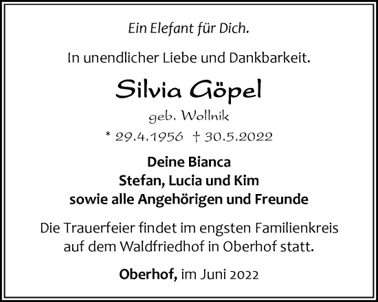 Traueranzeige von Silvia Göpel von Thüringer Allgemeine