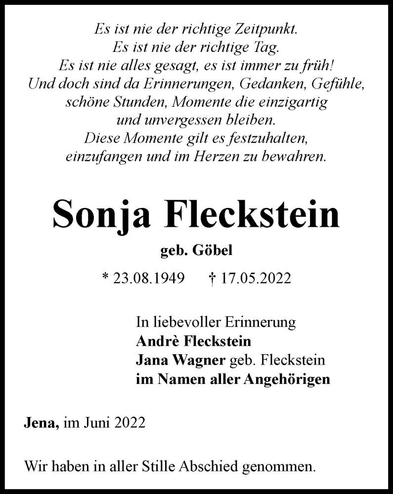  Traueranzeige für Sonja Fleckstein vom 25.06.2022 aus Ostthüringer Zeitung, Thüringische Landeszeitung