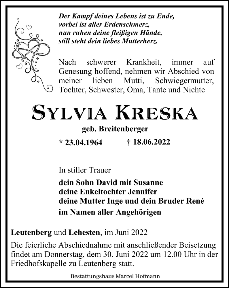  Traueranzeige für Sylvia Kreska vom 25.06.2022 aus Ostthüringer Zeitung