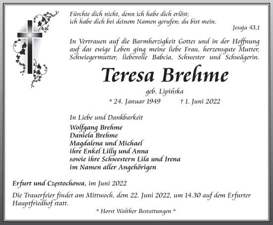 Traueranzeige von Teresa Brehme von Thüringer Allgemeine, Thüringische Landeszeitung