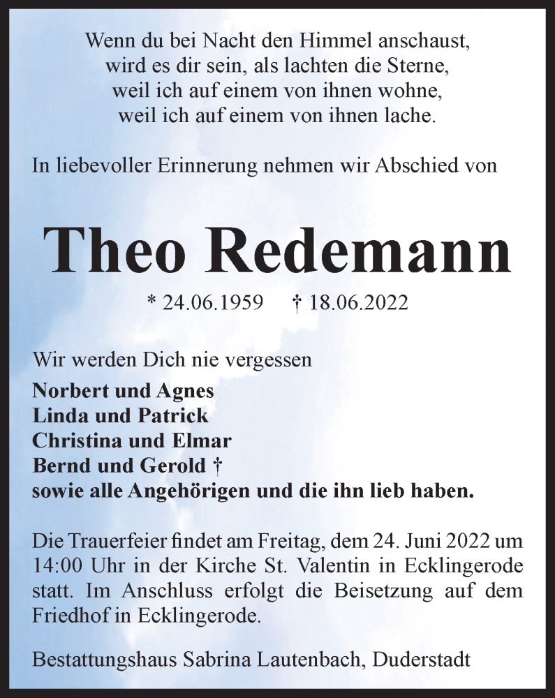  Traueranzeige für Theo Redemann vom 23.06.2022 aus Thüringer Allgemeine