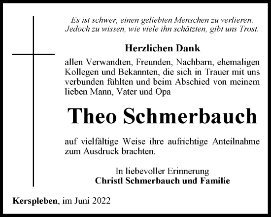 Traueranzeige von Theo Schmerbauch von Thüringer Allgemeine, Thüringische Landeszeitung