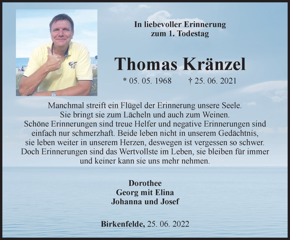  Traueranzeige für Thomas Kränzel vom 25.06.2022 aus Thüringer Allgemeine