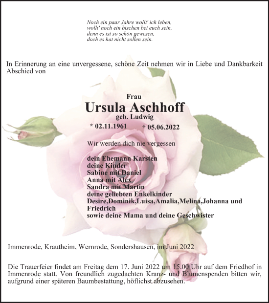 Traueranzeige von Ursula Aschhoff von Thüringer Allgemeine