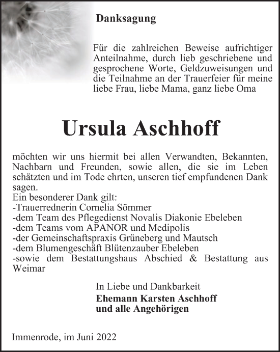 Traueranzeige von Ursula Aschhoff von Thüringer Allgemeine