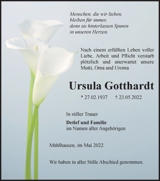 Traueranzeige von Ursula Gotthardt von Thüringer Allgemeine, Thüringische Landeszeitung