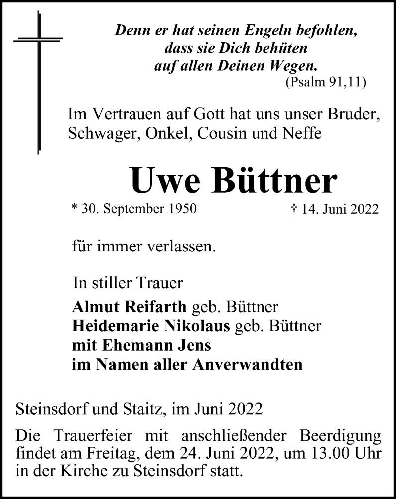  Traueranzeige für Uwe Büttner vom 18.06.2022 aus Ostthüringer Zeitung