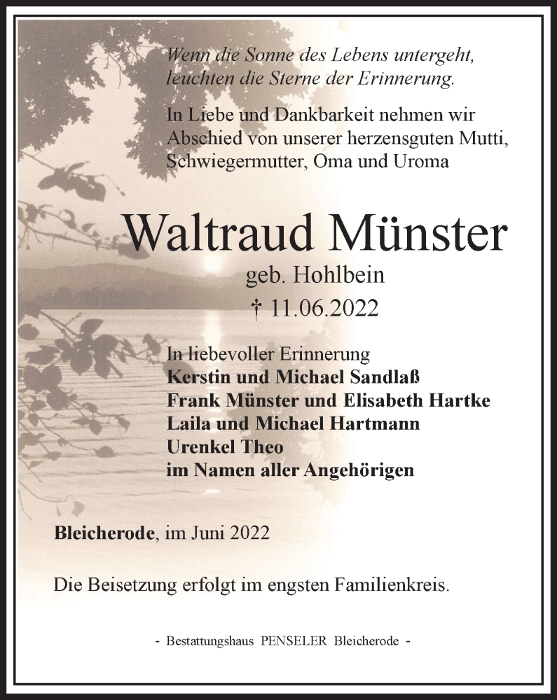  Traueranzeige für Waltraud Münster vom 25.06.2022 aus Thüringer Allgemeine