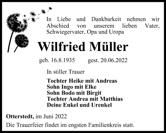 Traueranzeige von Wilfried Müller von Thüringer Allgemeine