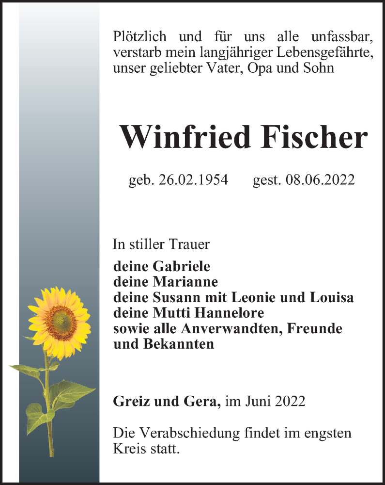  Traueranzeige für Winfried Fischer vom 15.06.2022 aus Ostthüringer Zeitung