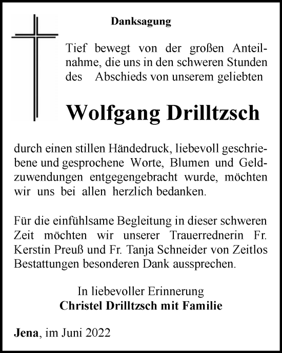 Traueranzeige von Wolfgang Drilltzsch von Ostthüringer Zeitung, Thüringische Landeszeitung