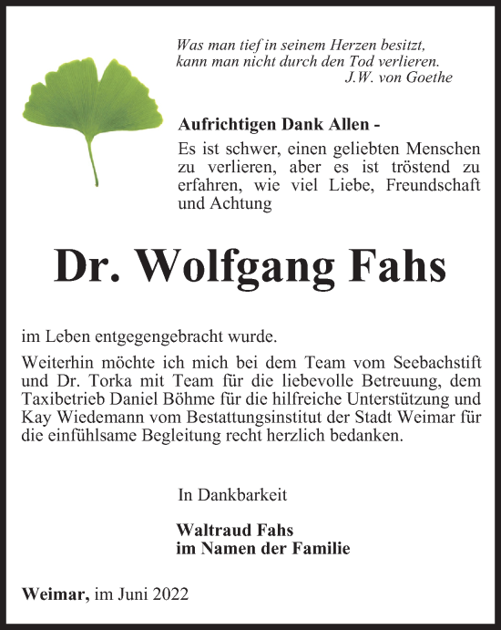 Traueranzeige von Wolfgang Fahs von Thüringer Allgemeine, Thüringische Landeszeitung