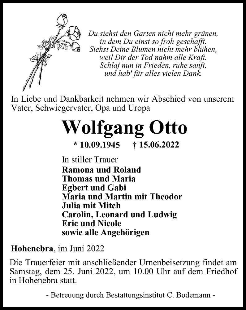  Traueranzeige für Wolfgang Otto vom 18.06.2022 aus Thüringer Allgemeine
