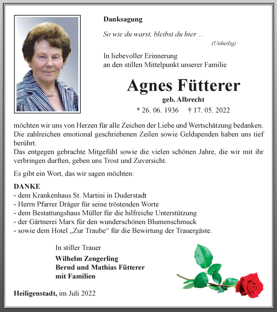  Traueranzeige für Agnes Fütterer vom 29.07.2022 aus Thüringer Allgemeine