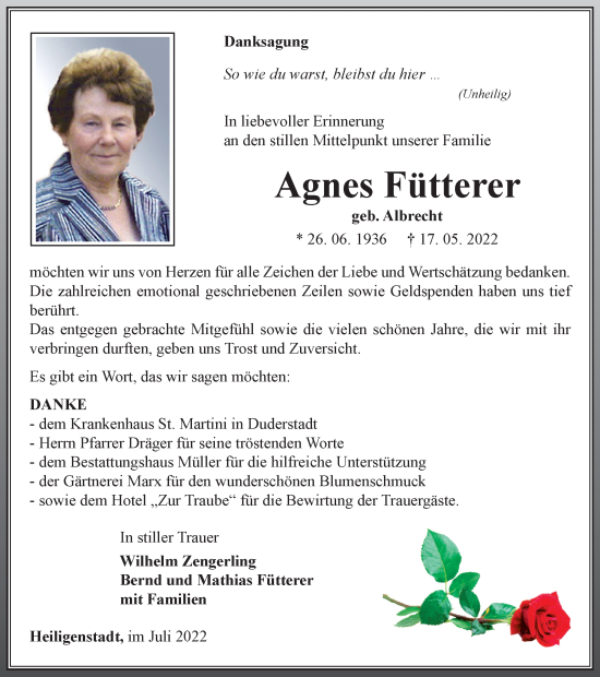 Traueranzeige von Agnes Fütterer von Thüringer Allgemeine