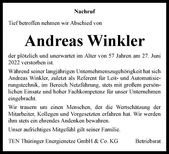 Traueranzeige von Andreas Winkler von Thüringer Allgemeine, Thüringische Landeszeitung