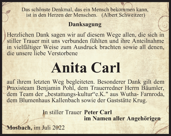 Traueranzeige von Anita Carl von Thüringer Allgemeine, Thüringische Landeszeitung