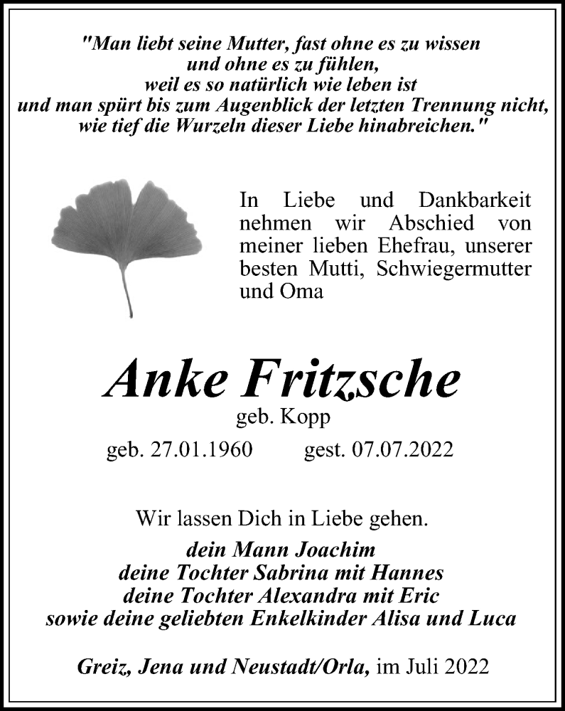  Traueranzeige für Anke Fritzsche vom 29.07.2022 aus Ostthüringer Zeitung