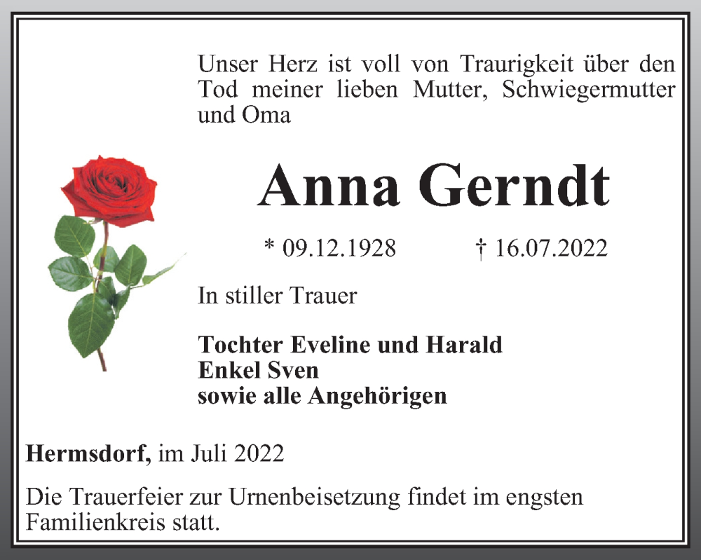  Traueranzeige für Anna Gerndt vom 23.07.2022 aus Ostthüringer Zeitung