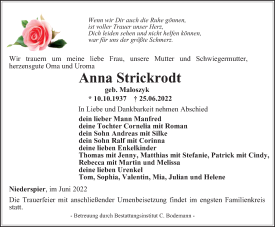 Traueranzeige von Anna Strickrodt