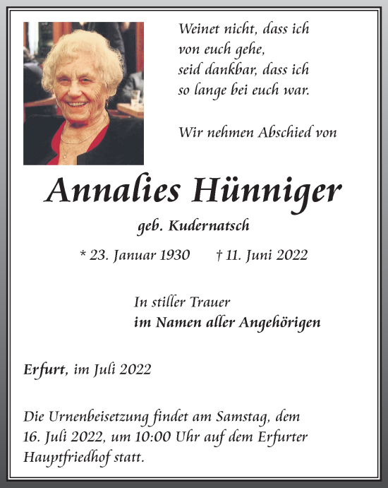 Traueranzeige von Annalies Hünniger