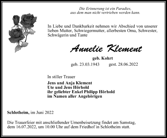 Traueranzeige von Annelie Klement von Thüringer Allgemeine, Thüringische Landeszeitung