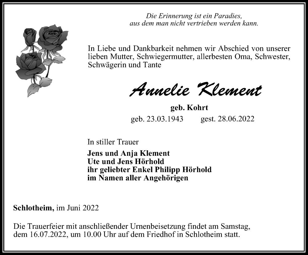  Traueranzeige für Annelie Klement vom 09.07.2022 aus Thüringer Allgemeine, Thüringische Landeszeitung