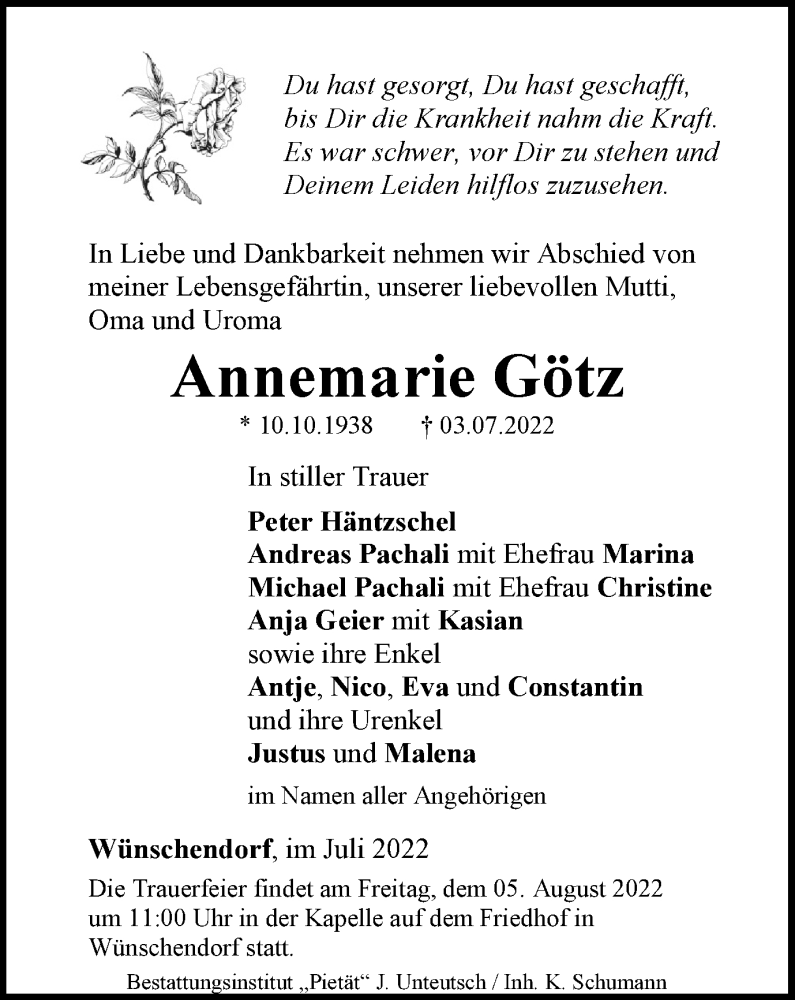  Traueranzeige für Annemarie Götz vom 23.07.2022 aus Ostthüringer Zeitung
