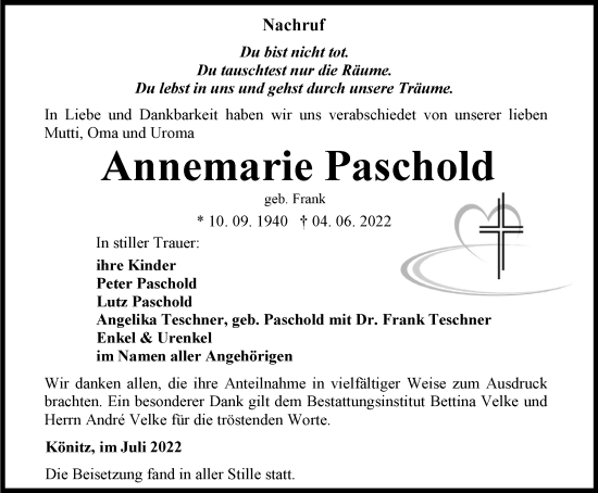 Traueranzeige von Annemarie Paschold von Ostthüringer Zeitung