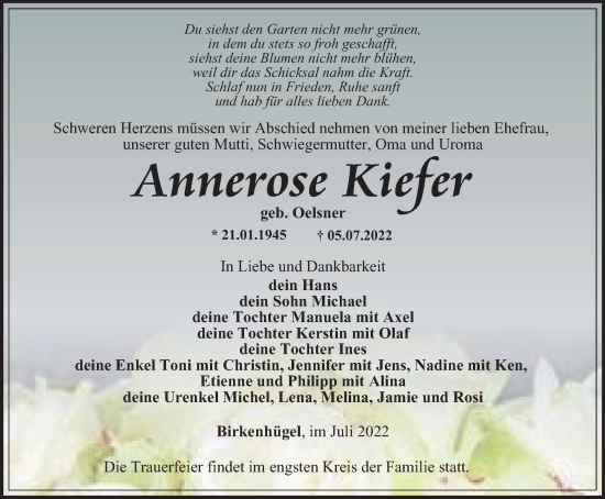 Traueranzeige von Annerose Kiefer von Ostthüringer Zeitung