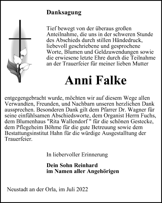 Traueranzeige von Anni Falke