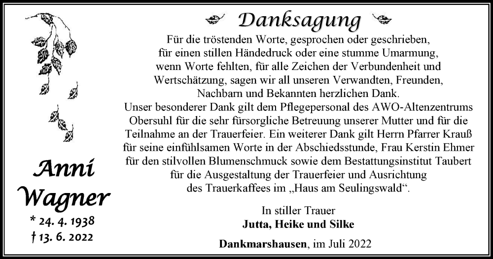  Traueranzeige für Anni Wagner vom 16.07.2022 aus Thüringer Allgemeine, Thüringische Landeszeitung