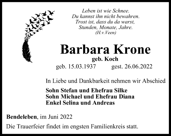 Traueranzeige von Barbara Krone von Thüringer Allgemeine