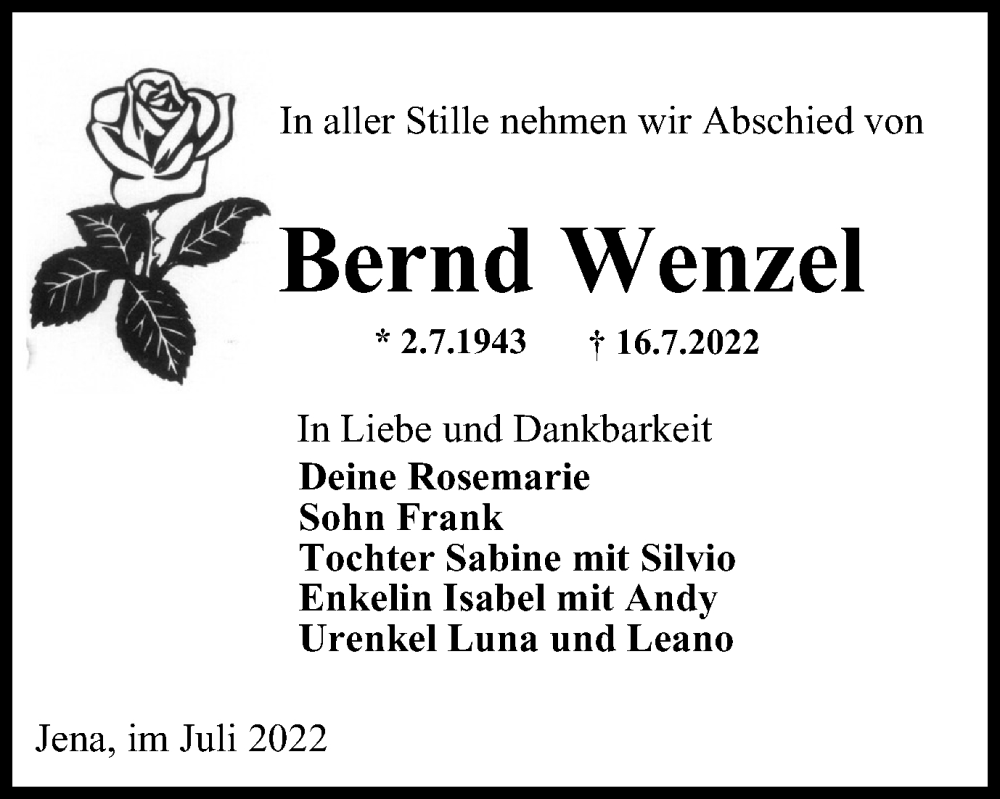  Traueranzeige für Bernd Wenzel vom 23.07.2022 aus Ostthüringer Zeitung, Thüringische Landeszeitung
