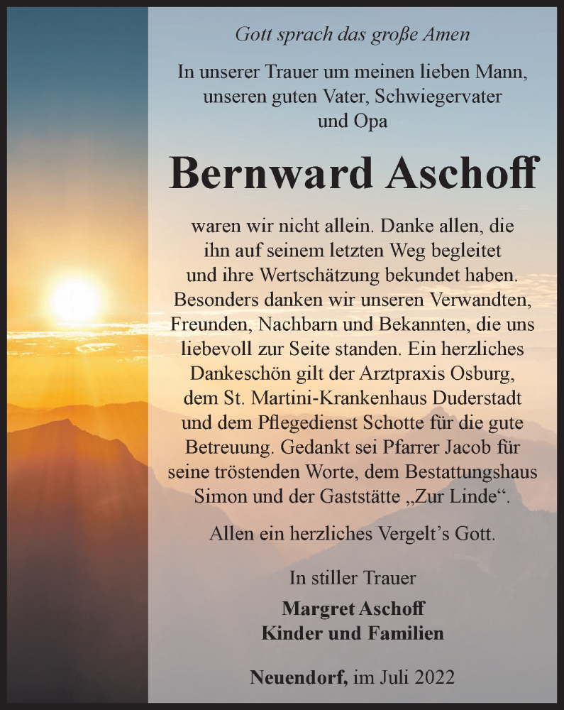  Traueranzeige für Bernward Aschoff vom 08.07.2022 aus Thüringer Allgemeine