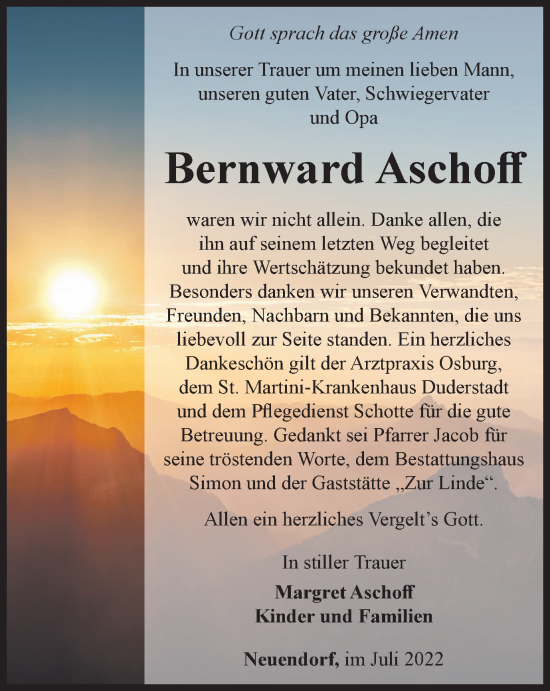 Traueranzeige von Bernward Aschoff von Thüringer Allgemeine