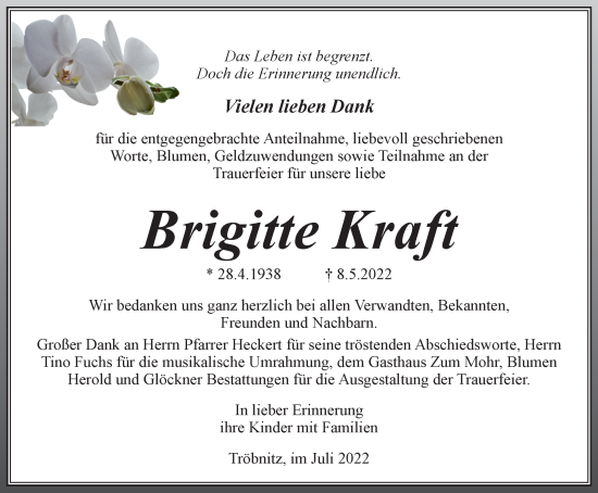 Traueranzeige von Brigitte Kraft von Ostthüringer Zeitung