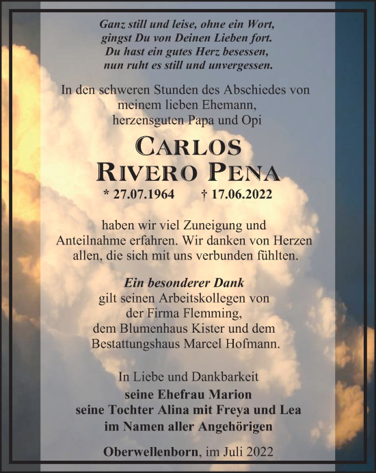 Traueranzeige von Carlos Rivero Pena von Ostthüringer Zeitung