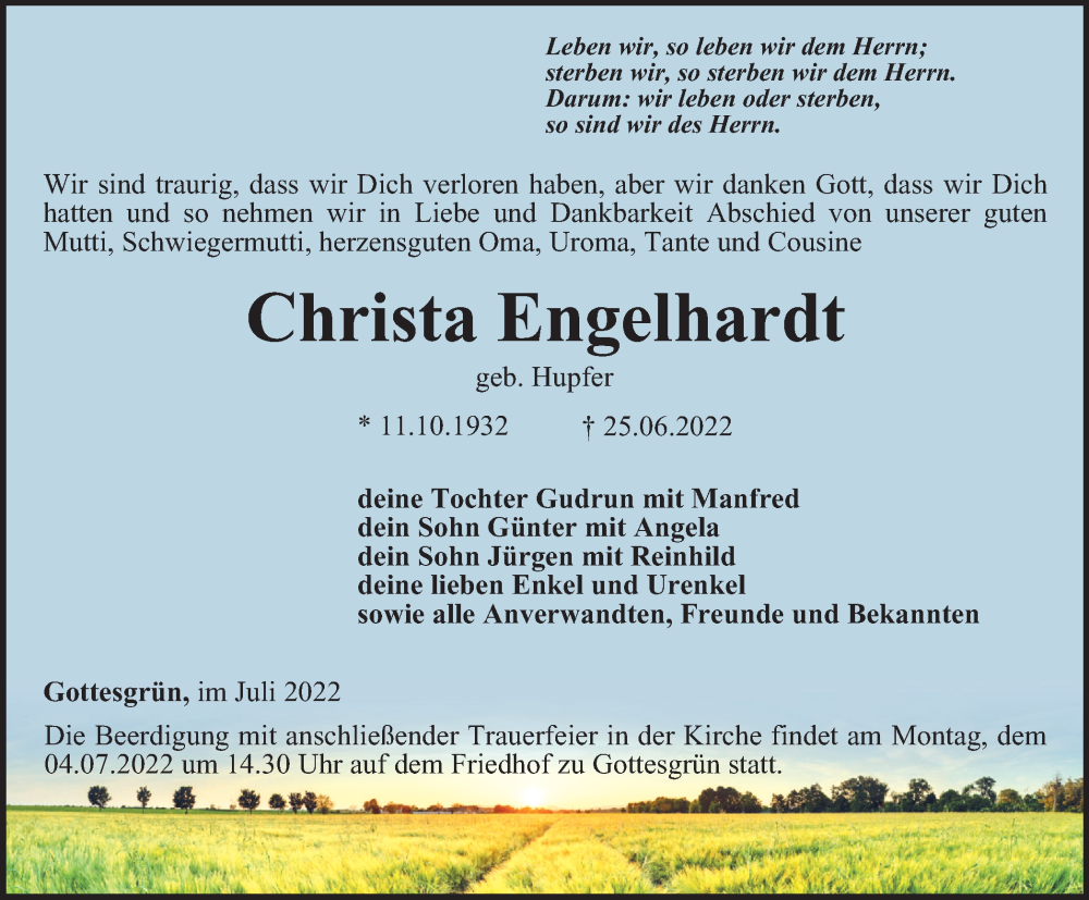  Traueranzeige für Christa Engelhardt vom 01.07.2022 aus Ostthüringer Zeitung