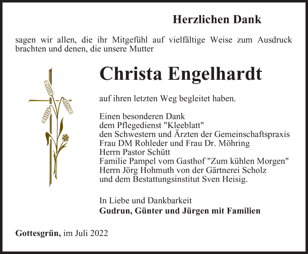  Traueranzeige für Christa Engelhardt vom 22.07.2022 aus Ostthüringer Zeitung